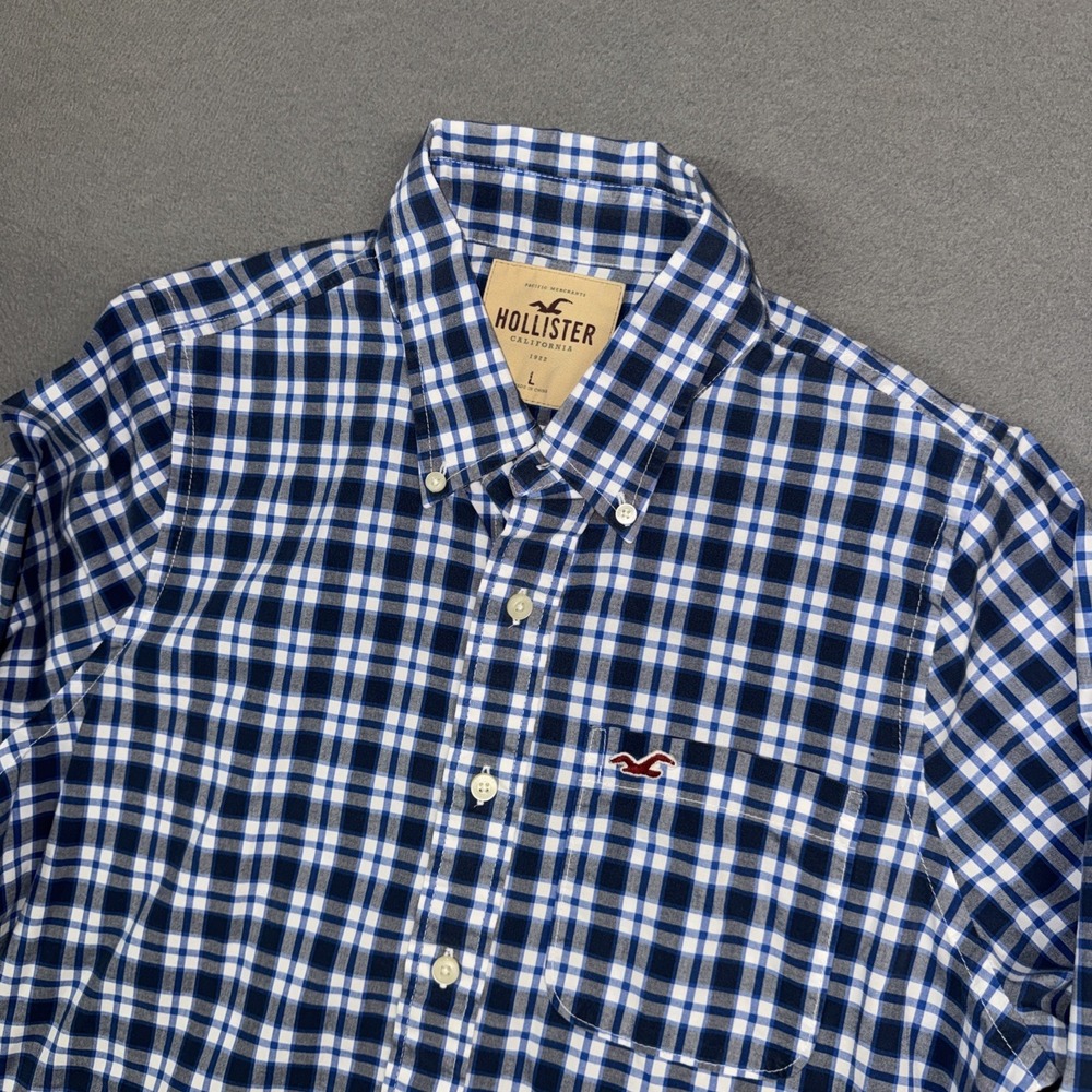 Hollister Shirt Mens Large Blue Plaid Check Long Sleeve Button Down Pocket